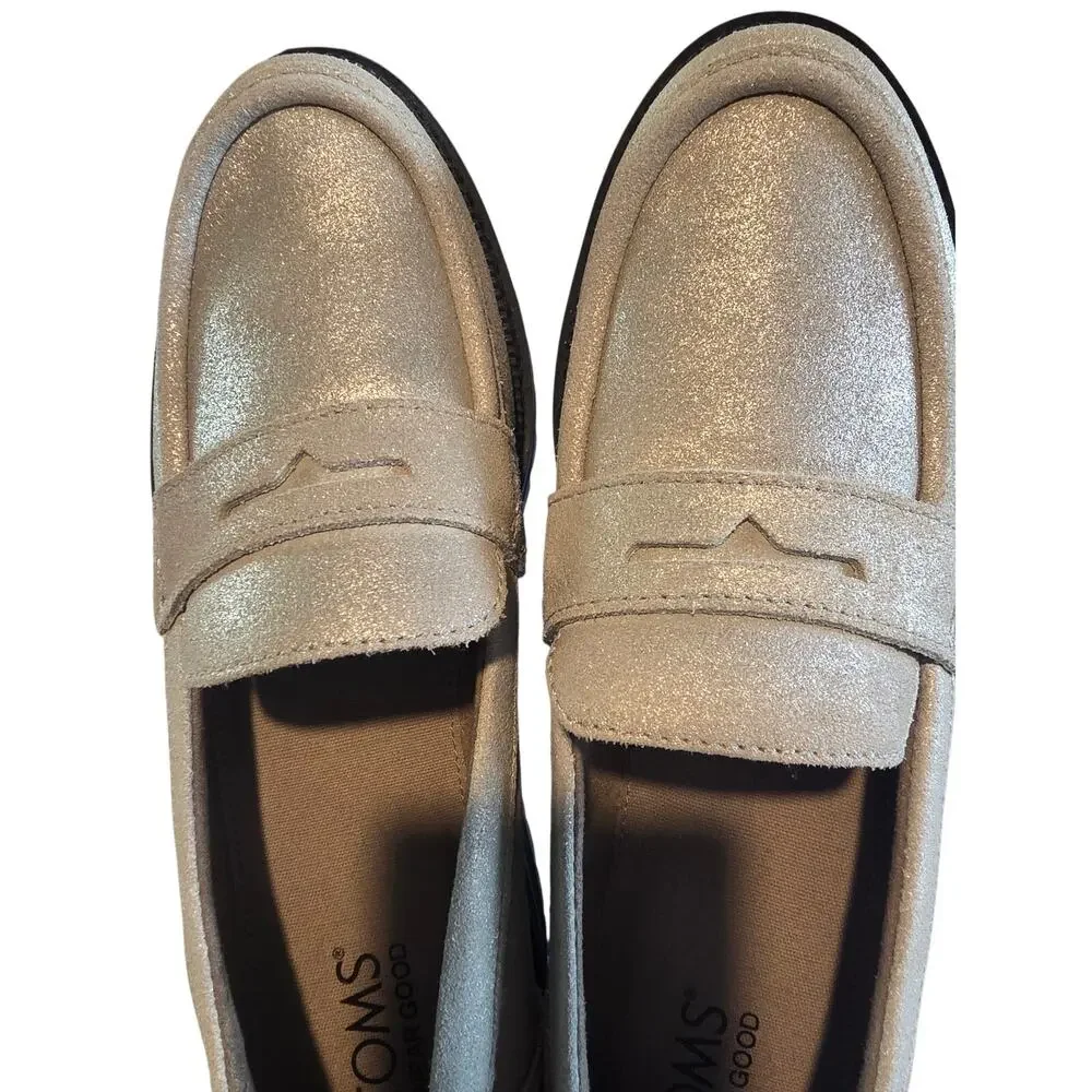TOMS Women Cara Metallic Sparkly Leather Lug Sole Loafers Size 7.5